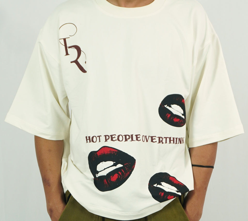 Tamrat Off-White Boxy Fit T-Shirt Front Graphic and Lip Print Close-Up