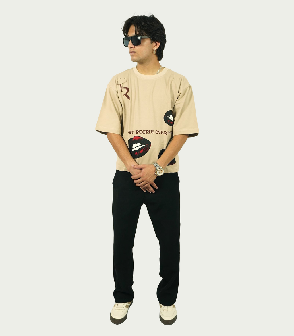 TAMRAT beige oversized boxy Lycra-loop streetwear t-shirt front view worn by model