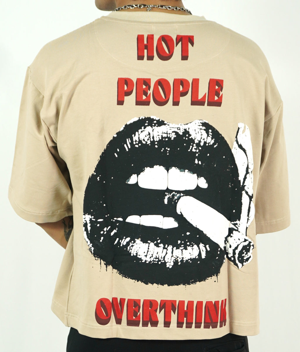 TAMRAT heavy French terry Lycra-loop beige t-shirt back graphic print close-up