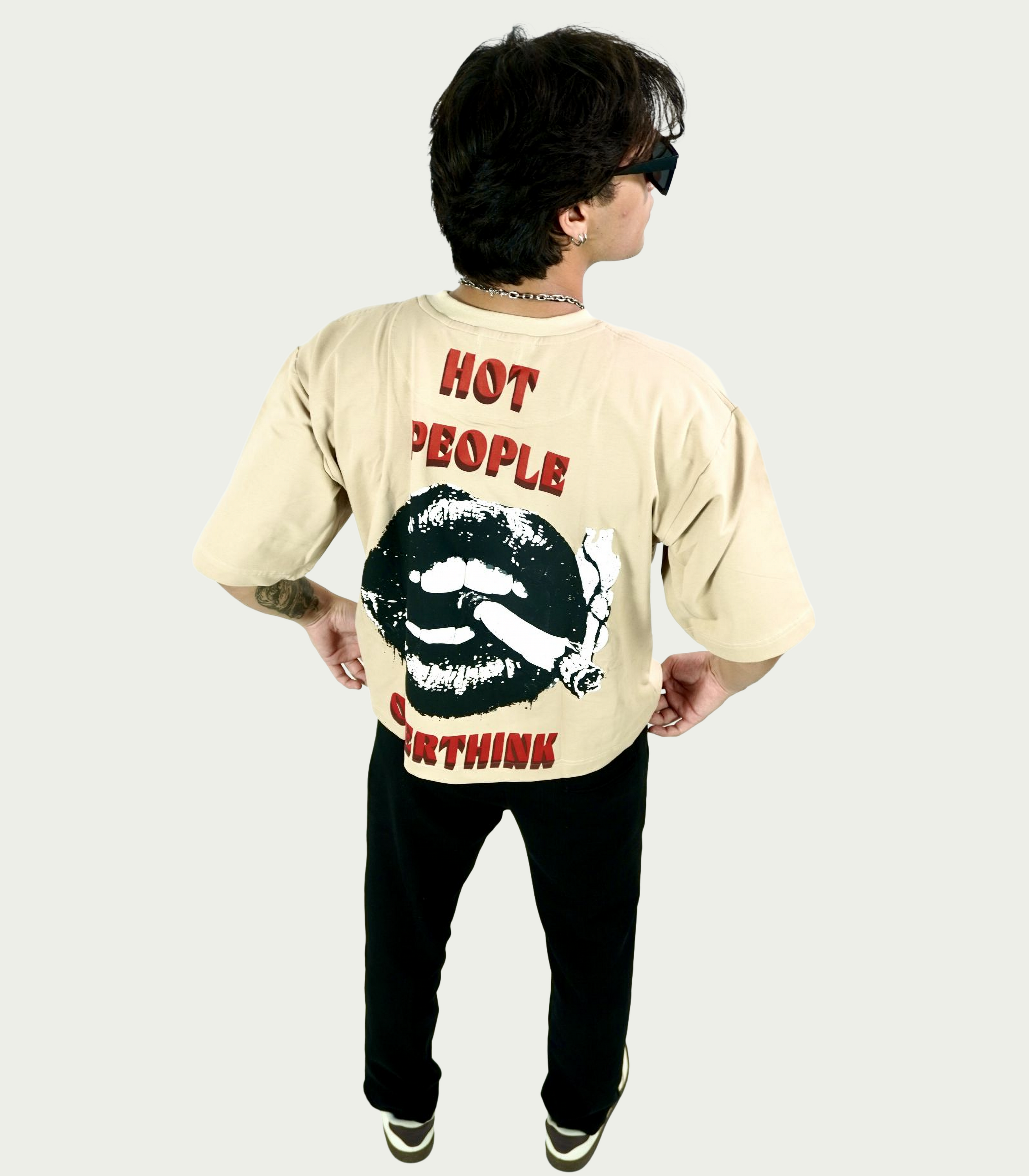 TAMRAT luxury Lycra-loop streetwear t-shirt back profile styled with black pant